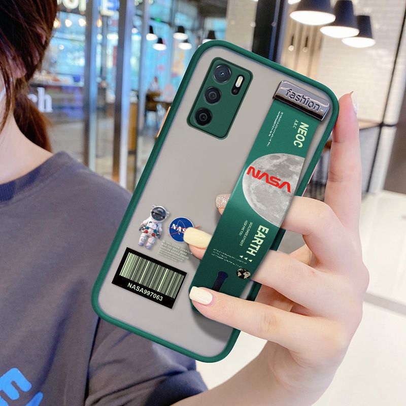 UCUC for OPPO A16 Wrist Strap Case Creative Cartoon Astronaut Wristband Printing Cover Shockproof Frosted Phone Case