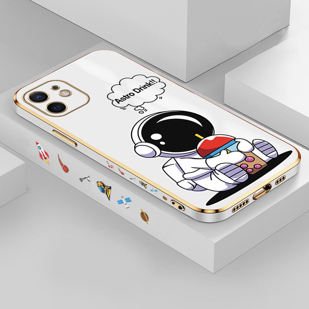 Jizetin (Free Lanyard) iPhone 12 Mini Case Cute Cartoon Drink Astronaut Luxury 6D Plating Soft Casing Silicone Ultra Thin Phone Cover