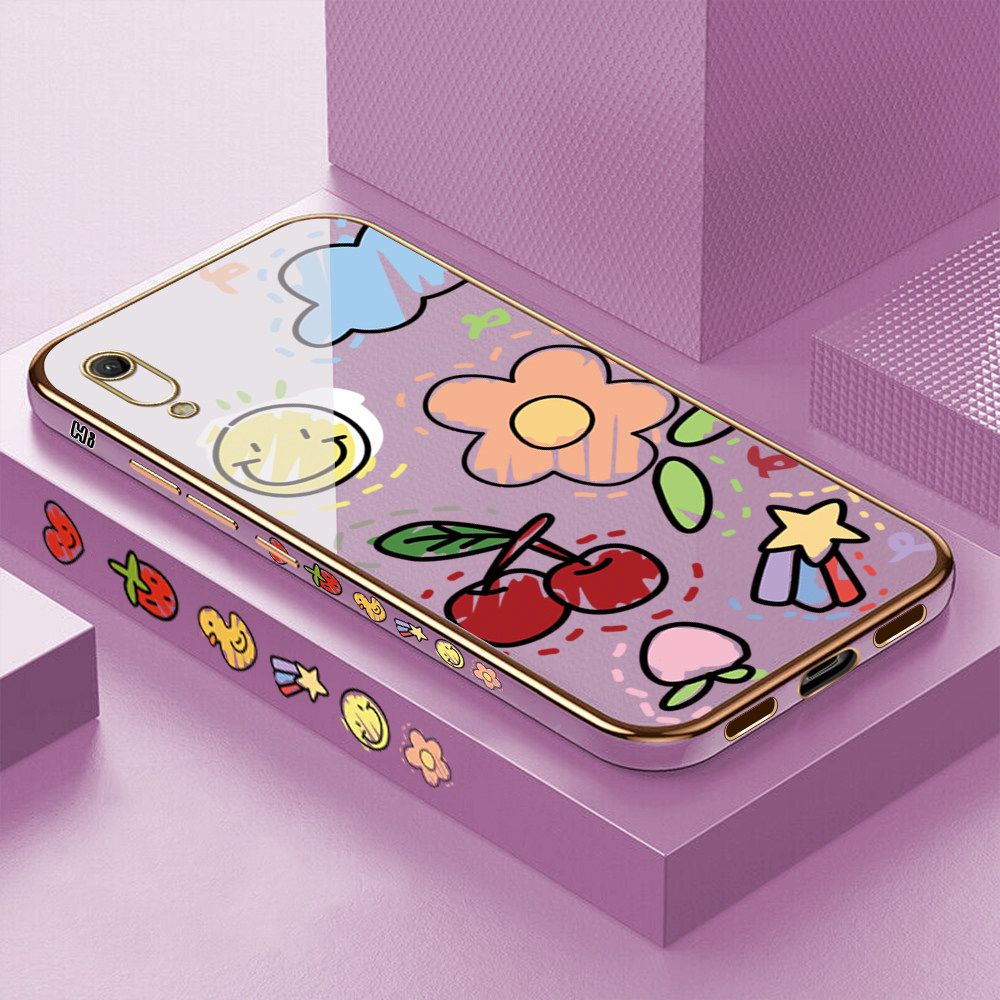 Luxury 6D Plating Case for Huawei Y6 Pro 2019 Color Cartoon cherry Peach Side Pattern Back Cover Soft Silicone Square Frame Shiny Bling Phone Cases + Free Lanyard