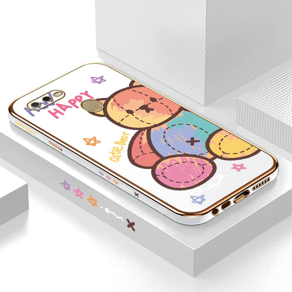 Luxury 6D Plating Case for OPPO A5S Color Cartoon Doll Bear Side Pattern Back Cover Soft Silicone Square Frame Shiny Bling Phone Cases + Free Lanyard