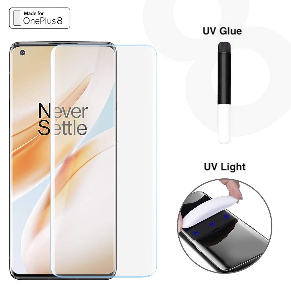 UV Tempered Glass Screen Protector for OnePlus 8, One Plus 8 Tempered Glass, 1+8 Tempered Glass- Curved, with Liquid Glue and UV Light