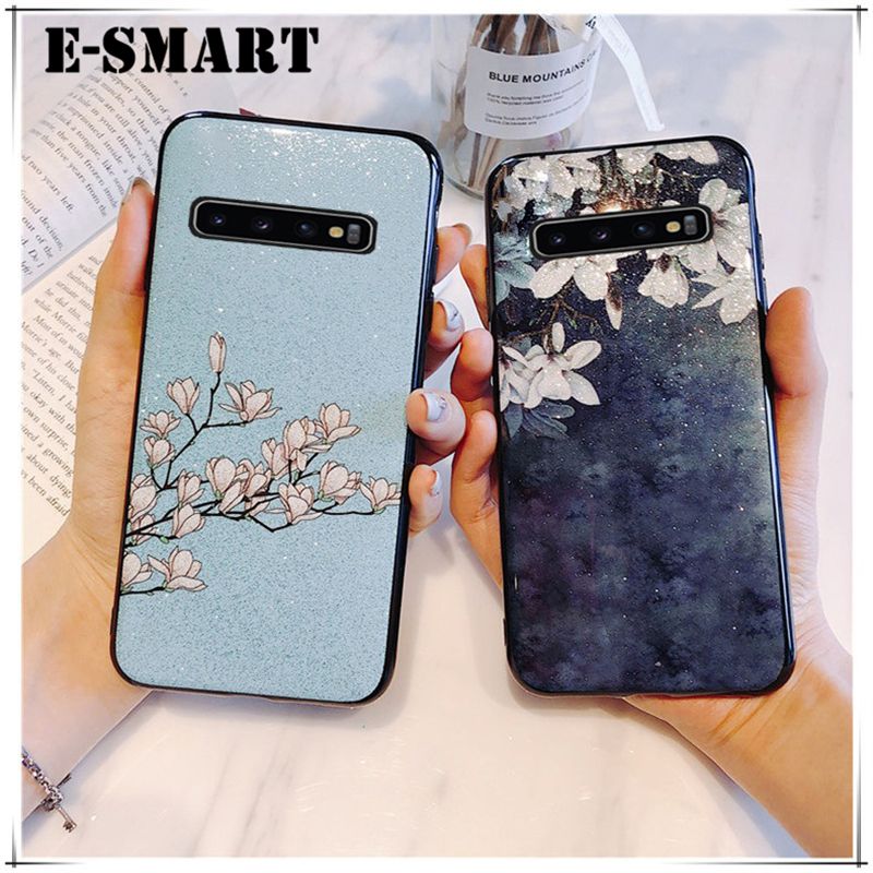 Phone case Samsung Galaxy S10 Back Cover Flowers Gardenia & Magnolia Bling Glitter Soft Silicone Protector Samsung S10 Case