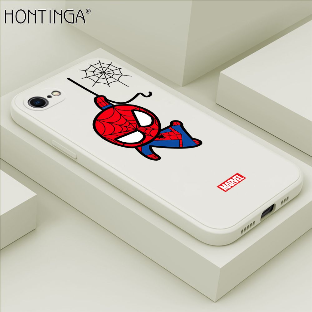 Hontinga for iPhone 8 Case Cute Marvel Avengers Cartoon Spiderman Spider Man Phone Case Square Edge Silicone Cases Full Lens Cover Shockproof Protection Case