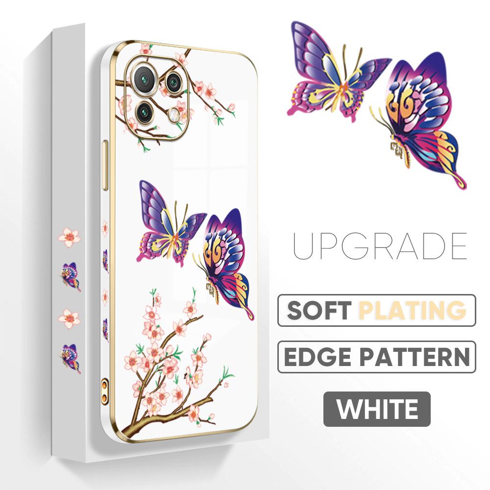 Jizetin (Free Lanyard) Xiaomi 11 Lite 5G / 4G / 11 Lite 5G NE 4G Back Cover Peach Blossom and Butterfly Luxury 6D Plating Case Side Pattern Soft Silicone Square Mobile Phone Cases