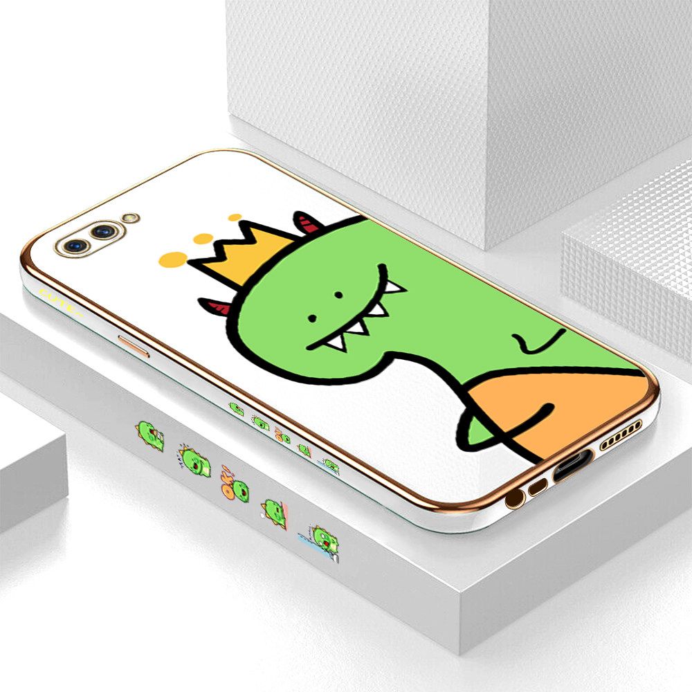 Luxury 6D Plating Case for OPPO A12E Cute Little Dinosaur Side Pattern Back Cover Soft Silicone Square Frame Shiny Bling Phone Cases + Free Lanyard