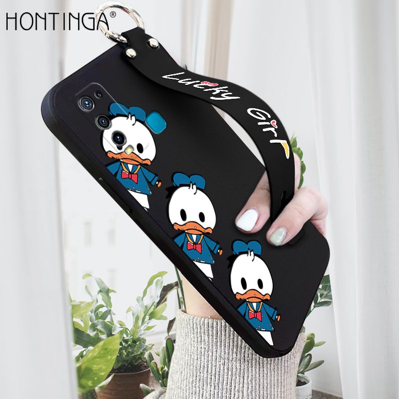 Hontinga for Vivo Y50 Y30 Y30I Wrist Strap Case Cute Cartoon Little Duck Phone Case Square Edge Liquid Silicone Case Full Cover Camera Shockproof Protective Cases