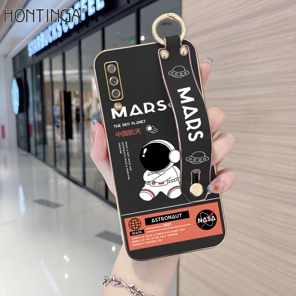 Hontinga for Samsung Galaxy A7 2018 Back Cover With Wristband Luxury 6D Plating Cute Space Astronaut  Case Soft Silicone Square Phone Cases