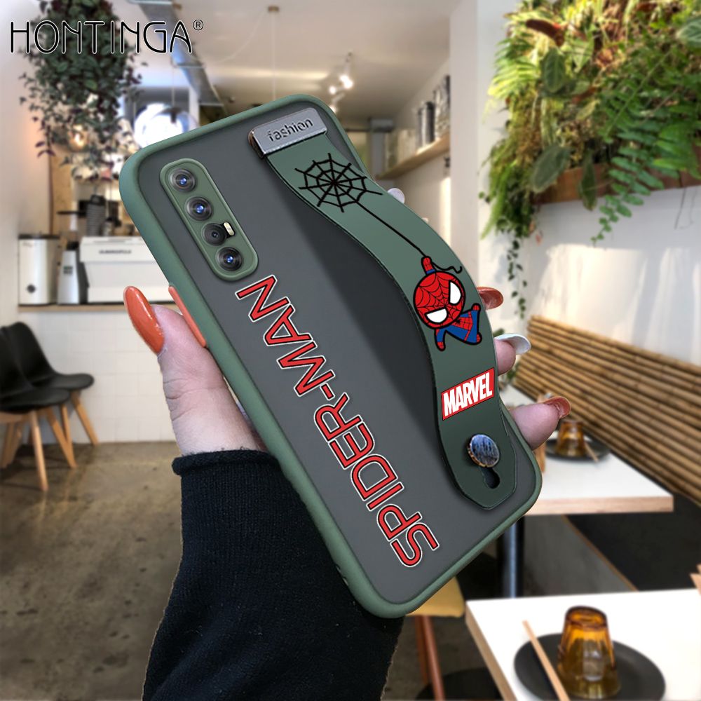 Hontinga for OPPO Reno3 Pro 4G Back Cover With Wristband Cartoon Spiderman Phone Casee Full Lens Protection Thin Frosted Cases
