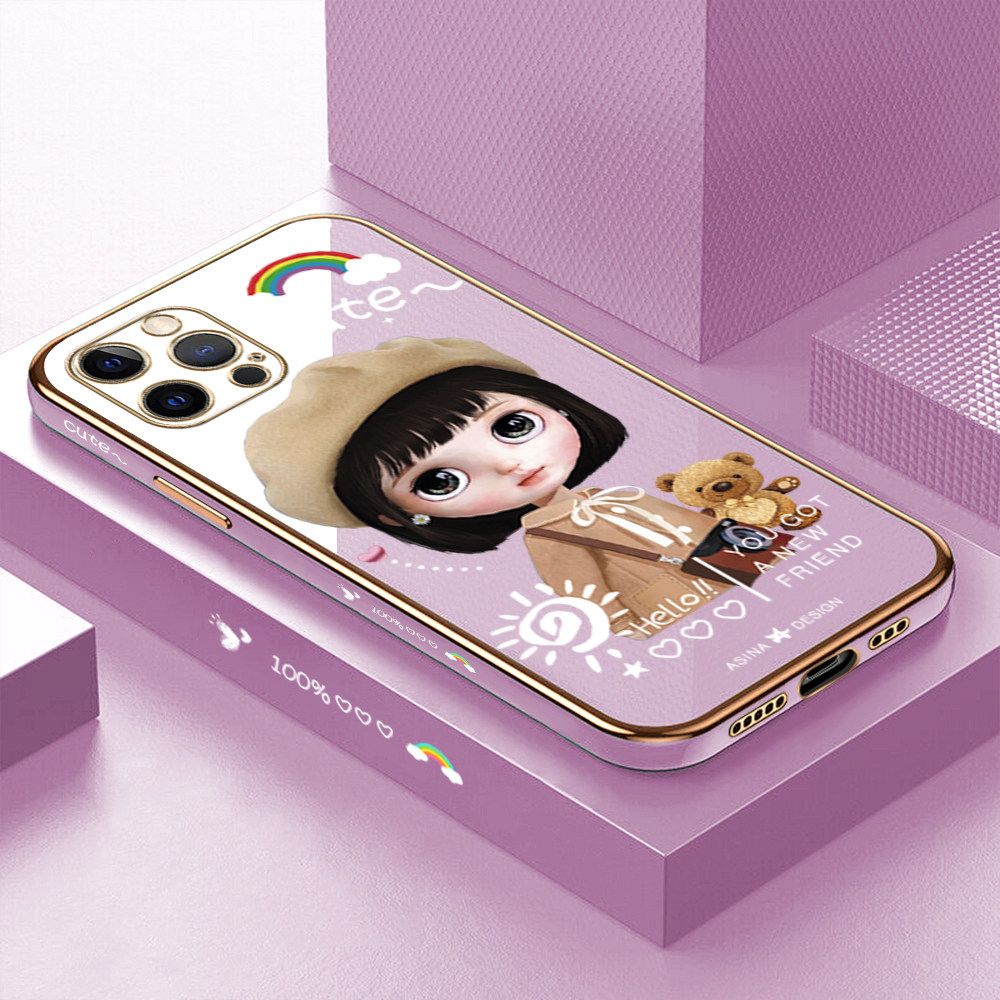 Luxury 6D Plating Soft Casing Silicone Square Frame Phone Case For iPhone 12 Pro Case Shiny Bling Back Cover Cute Girl With Shoulder Bag Square Edge Pattern Design Soft Case + Free Lanyard