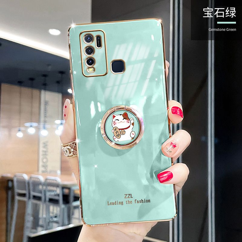 For Vivo Y50 Cover + Ring Holder Stand Shiny Plating Square Bumper Phone Case Lens Protection Soft Silicone Shockproof Protective Back Cover