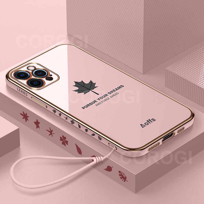 For iPhone 12 Pro Back Cover + Wrist Strap Fashion Shiny Maple leaf Plating Square Bumper Phone Case Soft TPU Silicone Shockproof Protective Cover
