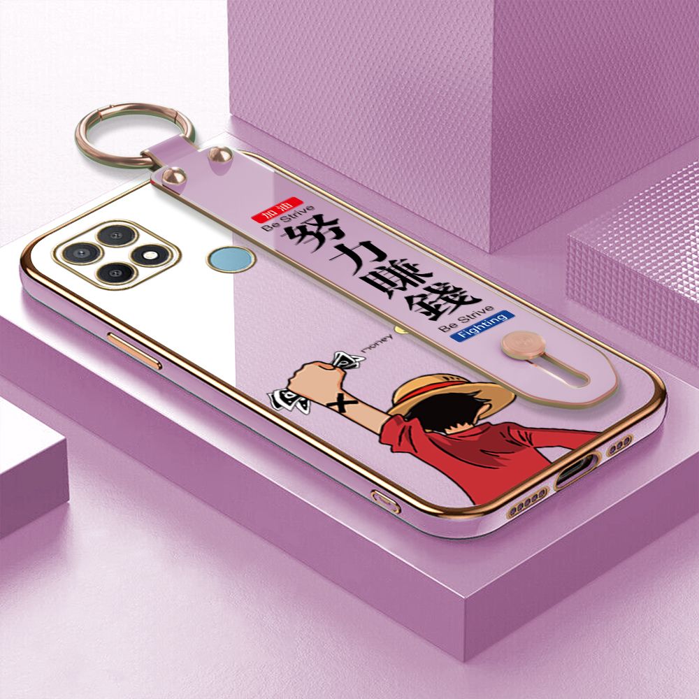 TA for OPPO A15 / A15S Wrist Strap Back Cover Struggle Luffy Fashion Luxury 6D Plating Soft Casing Silicone Square Frame Phone Case