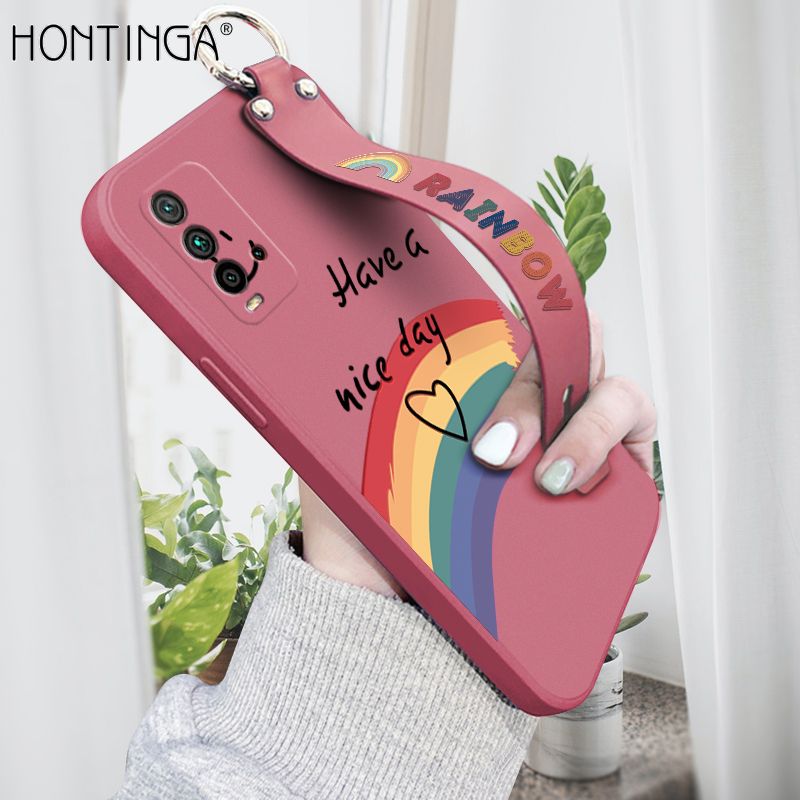 Hontinga for Xiaomi Redmi 9T Wrist Strap Case Lovely Graffiti Rainbow Smile Thin Phone Cover Square Edge Liquid Silicone Creativity Phone Case