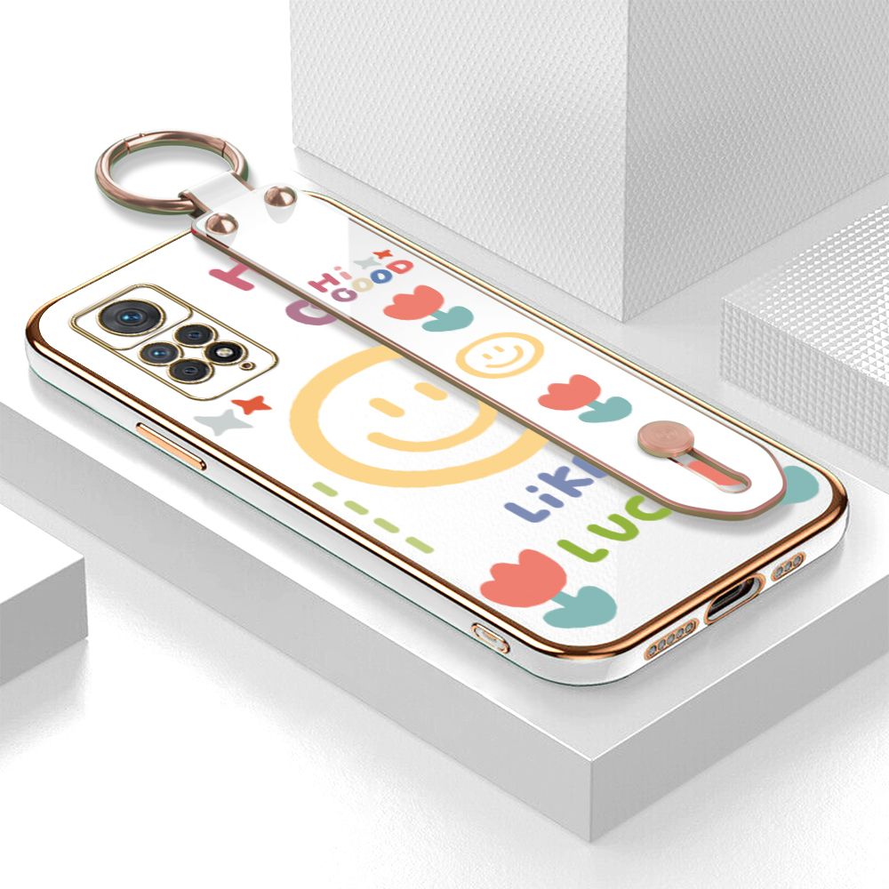 ZeroQiQi for Redmi Note 11 Pro / Note 11 Pro 5G Wrist Strap Back Cover Flower Smiley Fashion Luxury 6D Plating Soft Casing Silicone Square Frame Phone Case