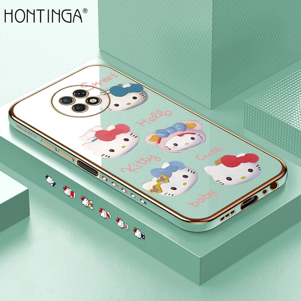 Hontinga for Xiaomi Redmi Note 9T Back Cover + Free Lanyard Luxury 6D Plating Cartoon Cute Kitty Side Pattern Case Soft Silicone Square Phone Cases