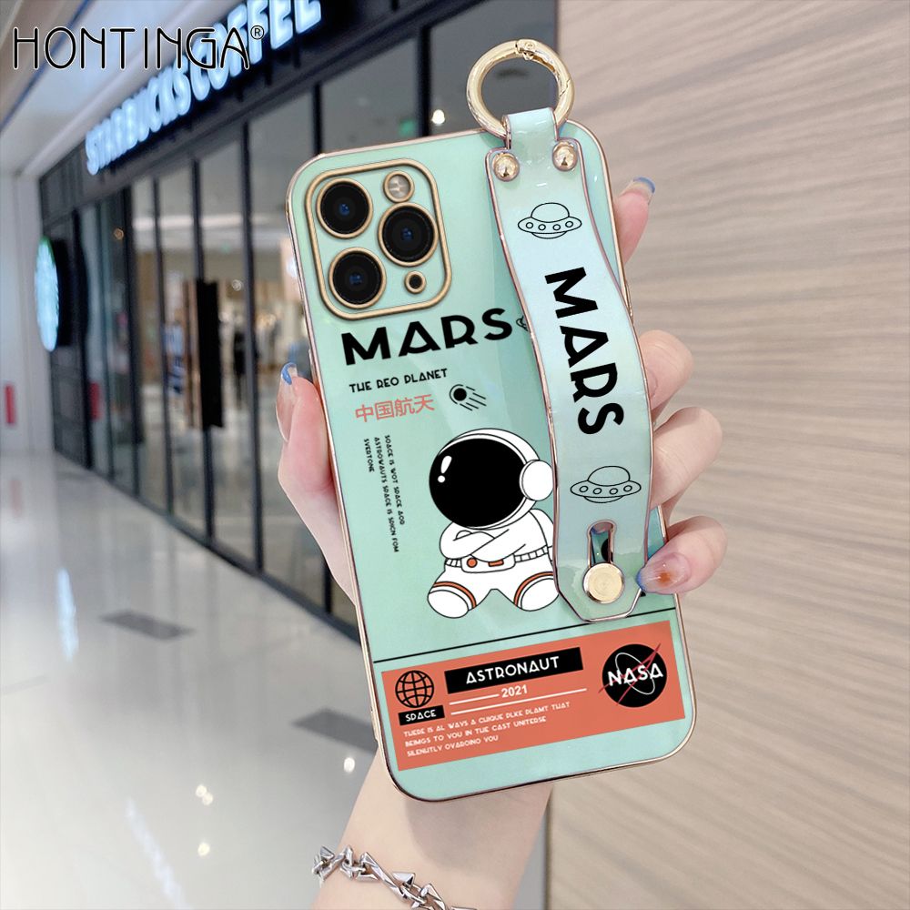 Hontinga for iPhone 11 Pro Max Back Cover With Wristband Luxury 6D Plating Cute Space Astronaut  Case Soft Silicone Square Phone Cases