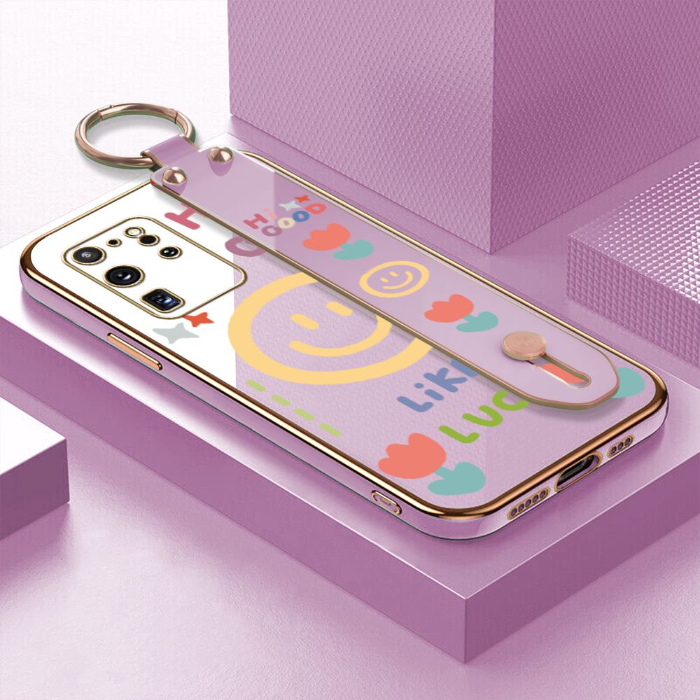 ZeroQiQi for Samsung S20 Ultra Wrist Strap Back Cover Flower Smiley Fashion Luxury 6D Plating Soft Casing Silicone Square Frame Phone Case