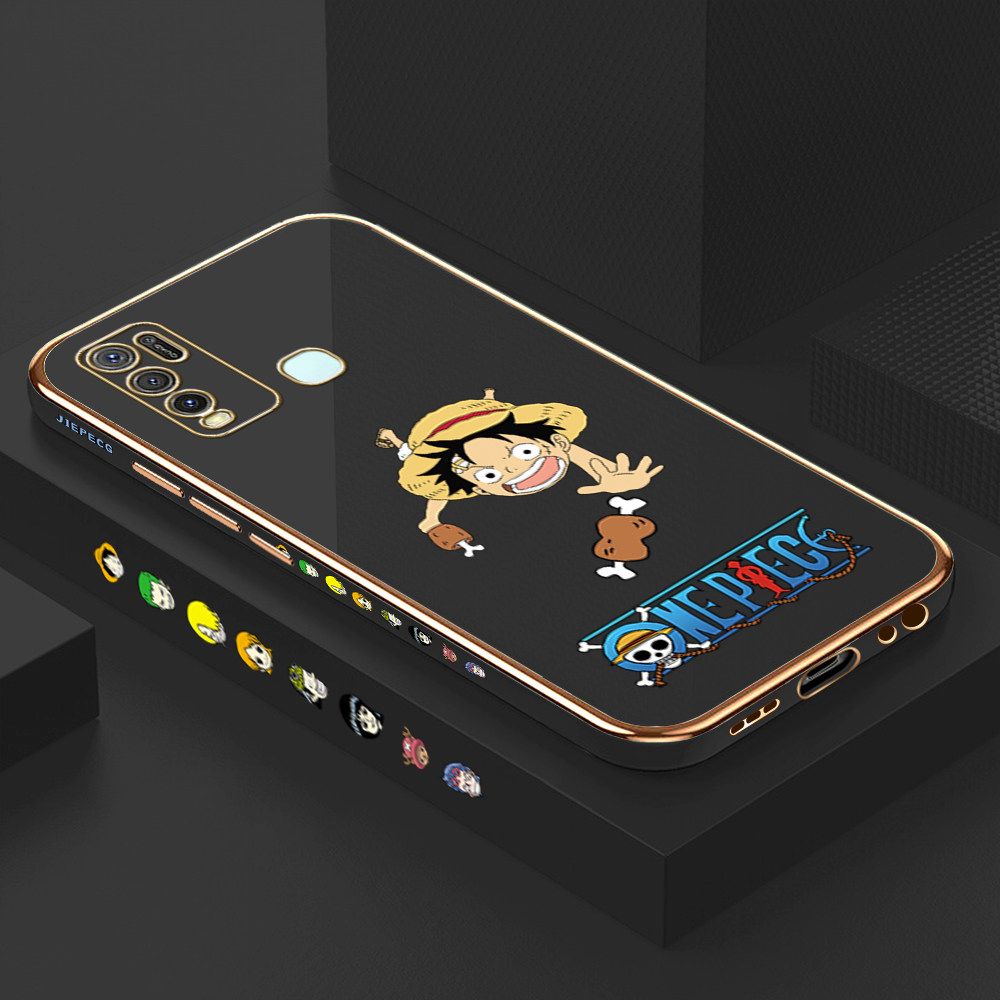 Luxury 6D Plating Case for Vivo Y50 Gluttonous Cartoon Luffy Side Pattern Back Cover Soft Silicone Square Frame Shiny Bling Phone Cases + Free Lanyard