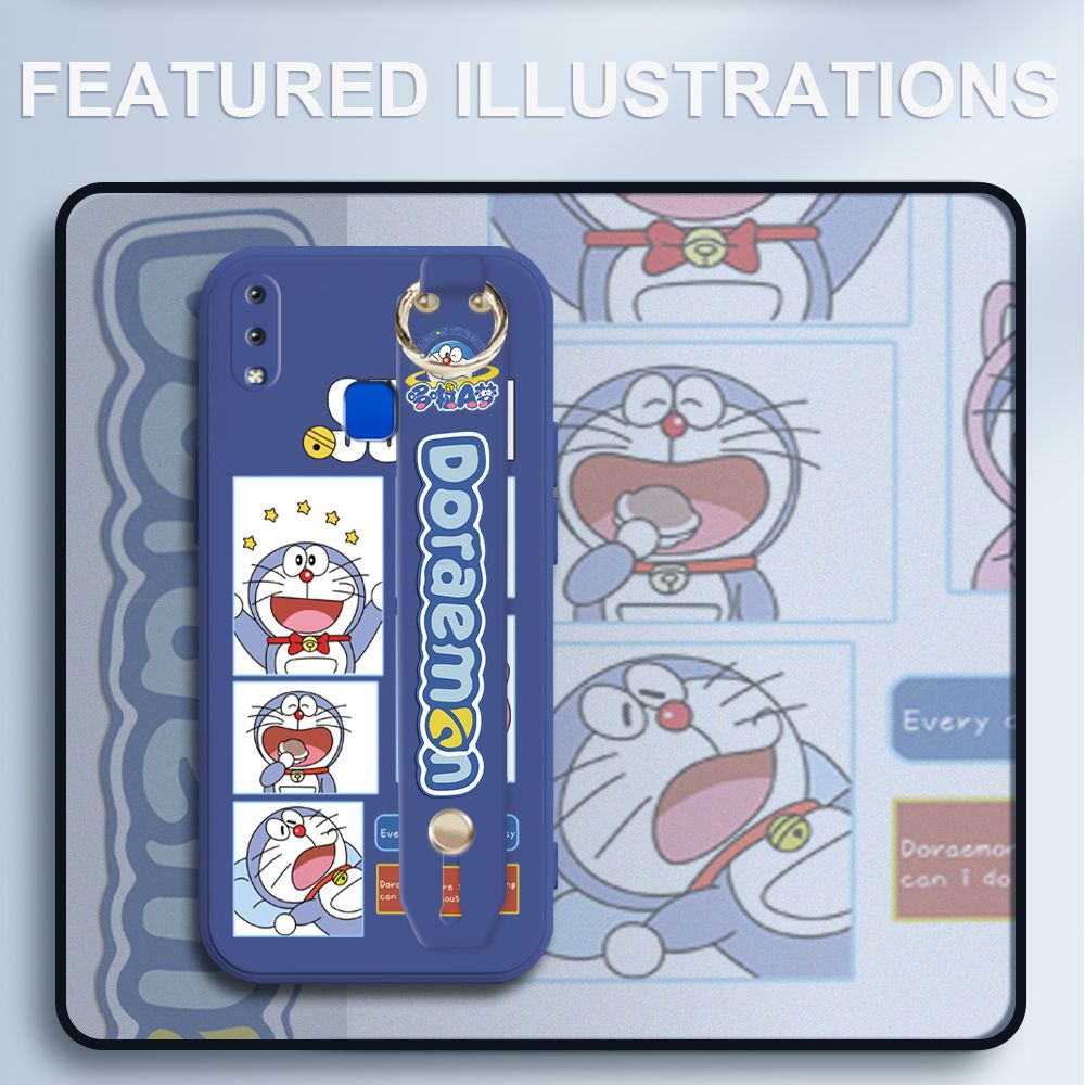UCUC for Vivo Y91 Wrist Strap Case Creative Cartoon Doraemon's Daily Life Cover Ultra Thin Anti Fall Liquid Silicone Phone Case