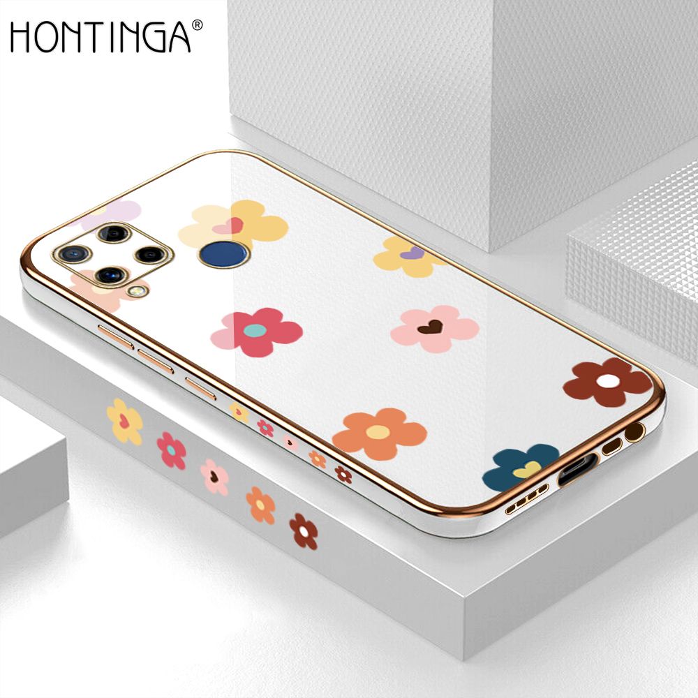Hontinga for Realme C15 Back Cover + Free Lanyard Luxury 6D Plating Falling Flower Side Pattern Case Soft Silicone Square Mobile Cover