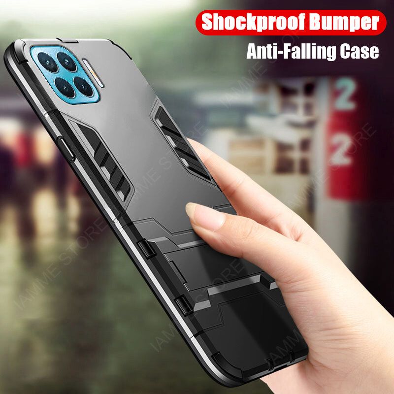 For OPPO F17 Cover Shockproof Hybrid Armor Stand Holder Design Phone Case Hard Plastic Soft TPU Silicone Bumper Protective Back Cover