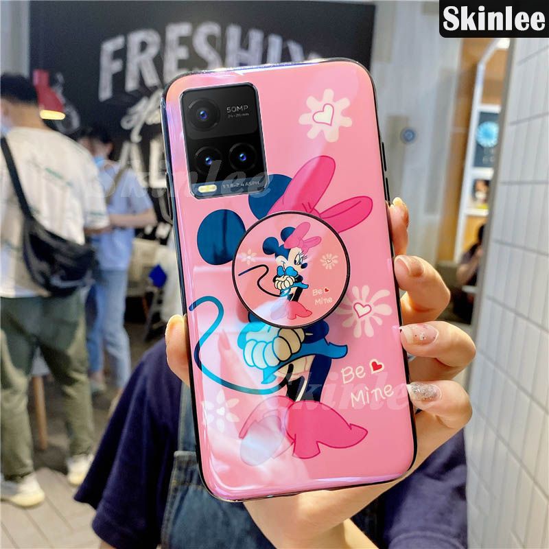 Skinlee for Vivo Y21S Case Cute Mickey and Minnie Phone Case Shockproof Cartoon Design for Vivo Y21S Back Bracket Ring Phone Cases