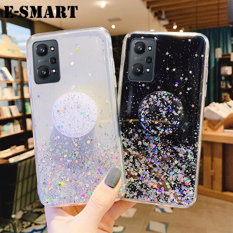 Phone case Realme GT 2 Back cover Shiny Ring Glitter Soft Transparent Holder Stand Back cover with String Glitter Space Stars Moon Realme GT2 Case