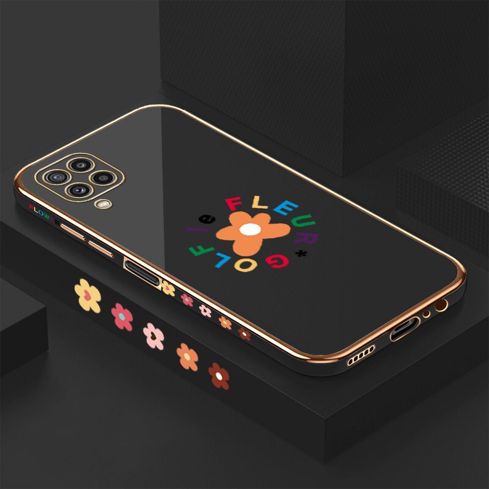 Luxury 6D Plating Case for Samsung M32 Cartoon Flower Side Pattern Back Cover Soft Silicone Square Phone Cases + Free Lanyard
