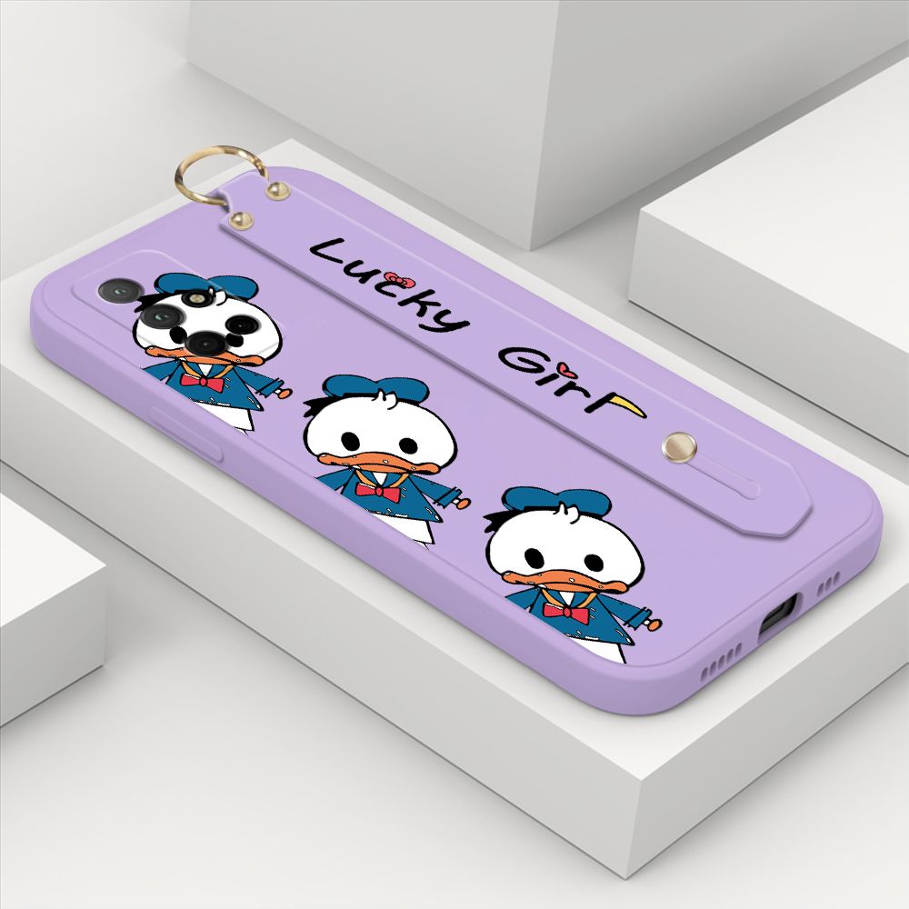 ZeroQiQi for Honor 30S Wrist Strap Case Cute Cartoon Little Duck Phone Case Square Edge Liquid Silicone Case Full Cover Camera Shockproof Protective Cases