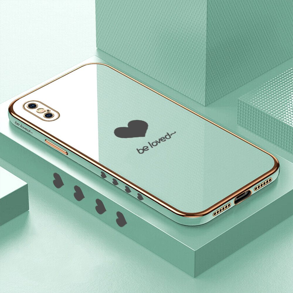 Luxury 6D Plating Soft Casing Silicone Square Frame Phone Case For iPhone X Case Shiny Bling Back Cover Lover Heart Square Edge Pattern Design Soft Case + Free Lanyard