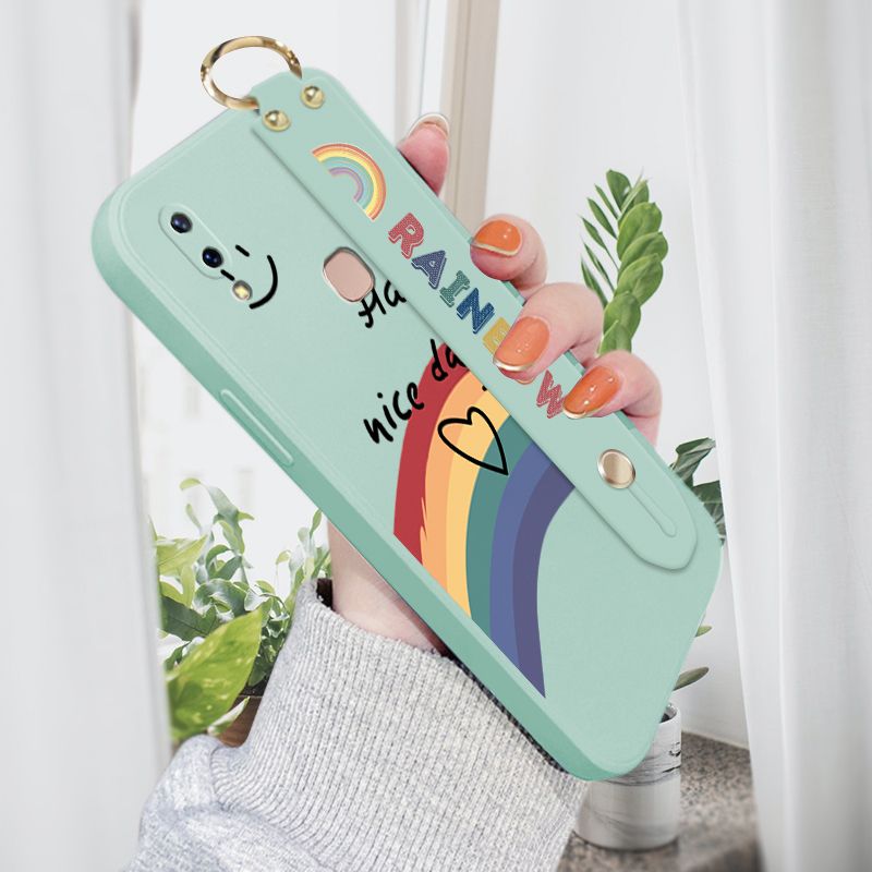ZeroQiQi for Vivo Y85 Wrist Strap Case Lovely Graffiti Rainbow Smile Thin Phone Cover Square Edge Liquid Silicone Creativity Phone Case