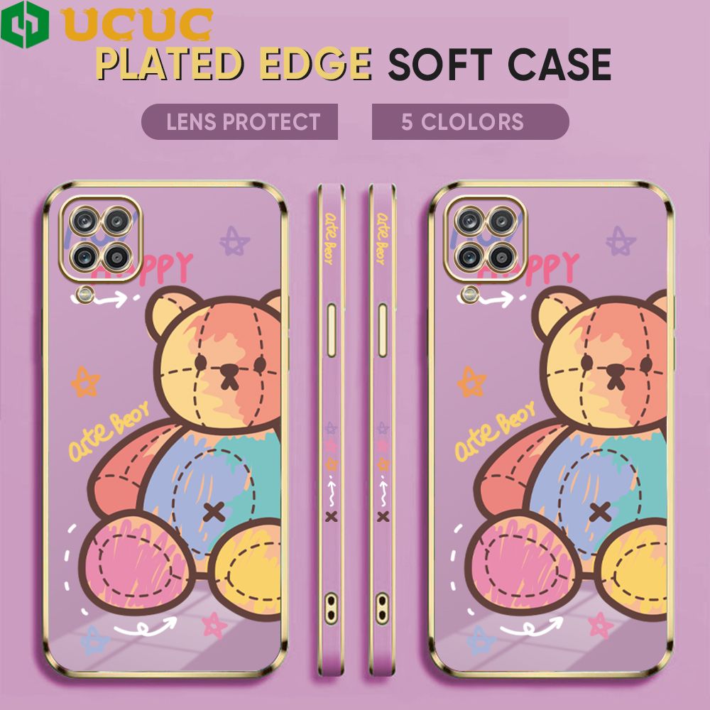 UCUC for Samsung Galaxy A12 / A12 5G / M12 Back Cover + Free Lanyard Colorful Muppet Bear Luxury 6D Plating Case Side Pattern Soft Silicone Square Phone Cases