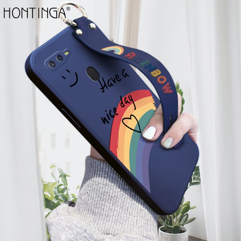 Hontinga for OPPO F9 / F9 Pro / Realme 2 Pro / U1 Wrist Strap Case Lovely Graffiti Rainbow Smile Thin Phone Cover Square Edge Liquid Silicone Creativity Phone Case