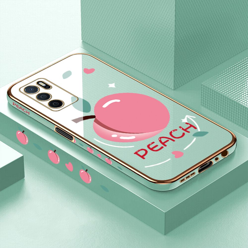 Luxury 6D Plating Case for OPPO A16 Cartoon Simple Peach Side Pattern Back Cover Soft Silicone Square Frame Shiny Bling Phone Cases + Free Lanyard