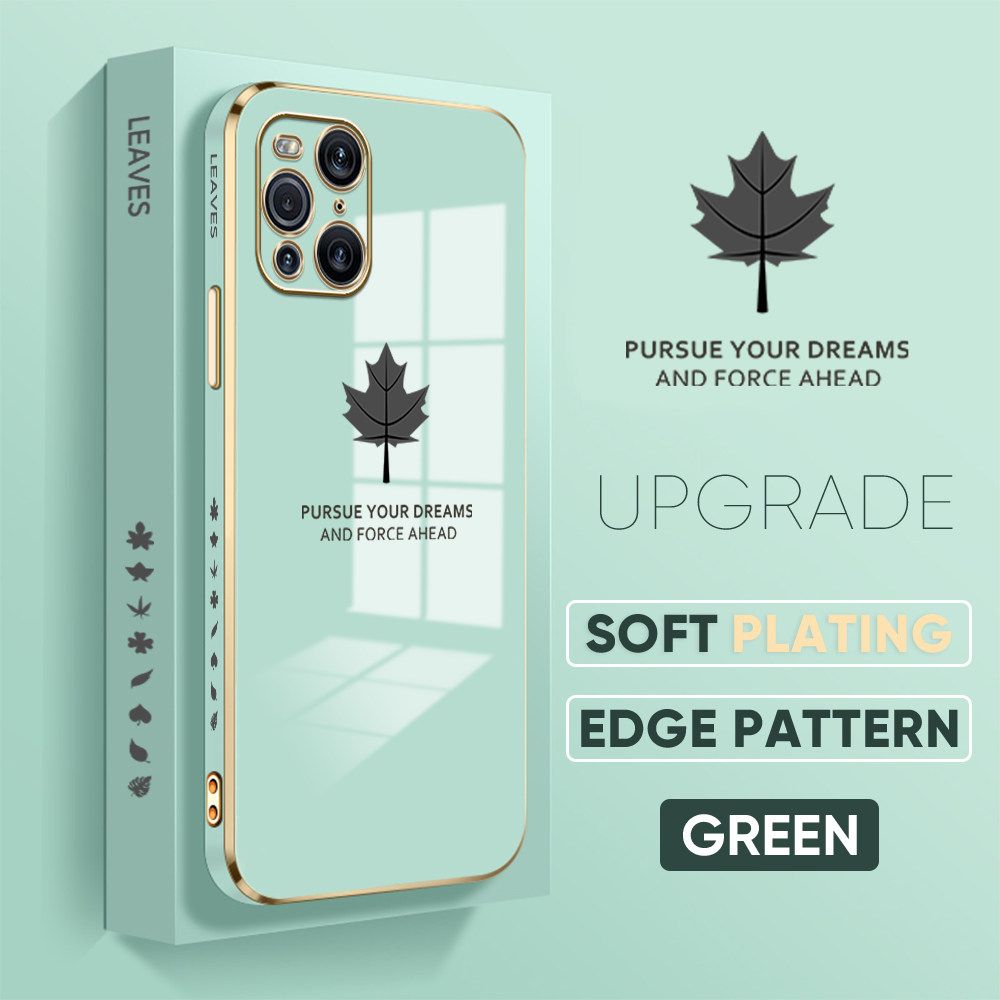 Jizetin (Free Lanyard) OPPO Find X3 Pro Luxury 6D Plating Soft Casing Silicone Square Frame Phone Case Shiny Bling Back Cover Maple leaf New design Side Drawing Case