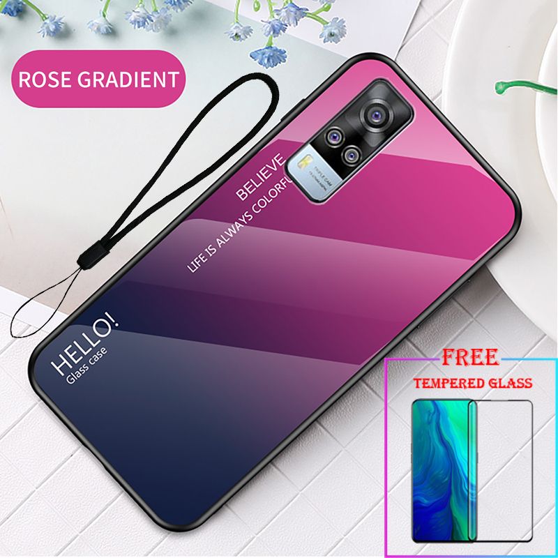 For vivo Y31 / Y53s / Y51  / Y51A  Phone Case Gradient Colorful Pattern Back Tempered Glass Soft TPU Edge Shockproof Anti-scratch Protection Back Cover