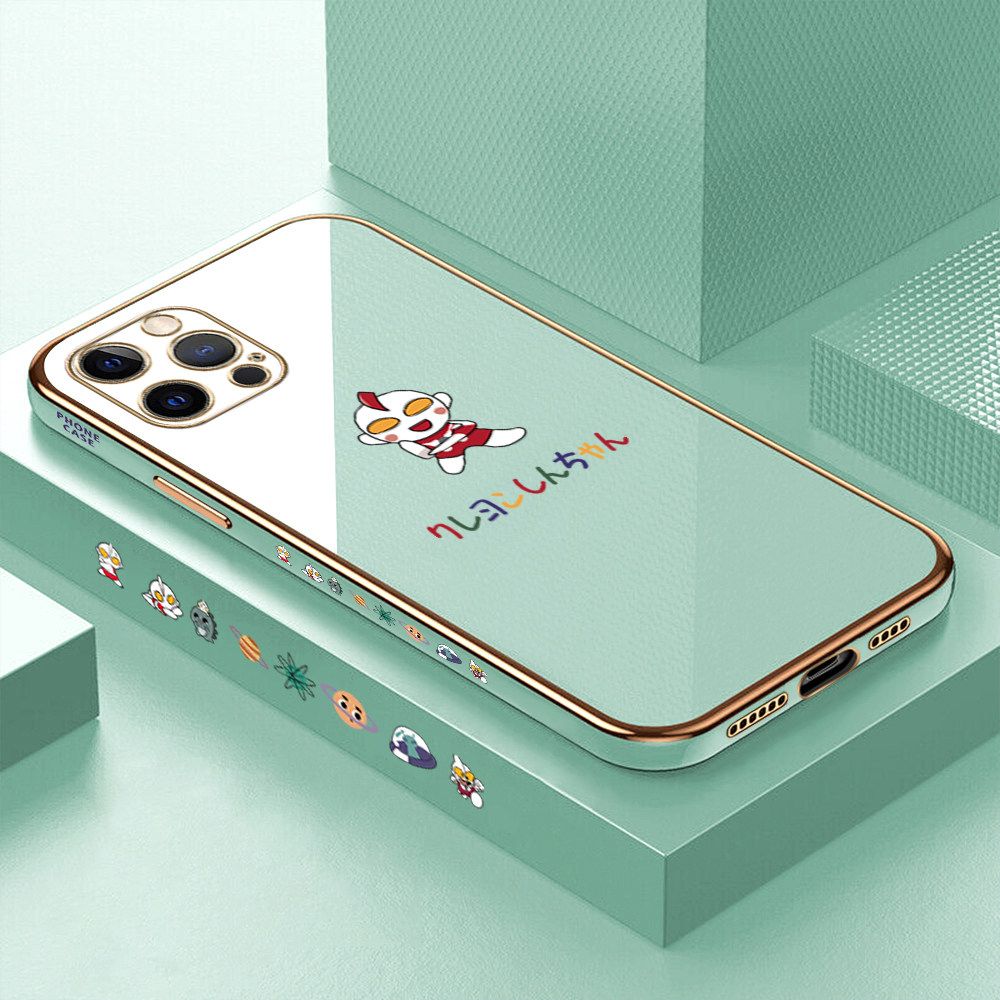 Luxury 6D Plating Case for iPhone 12 Pro Max Cute Cartoon Side Pattern Back Cover Soft Silicone Square Frame Shiny Bling Phone Cases + Free Lanyard