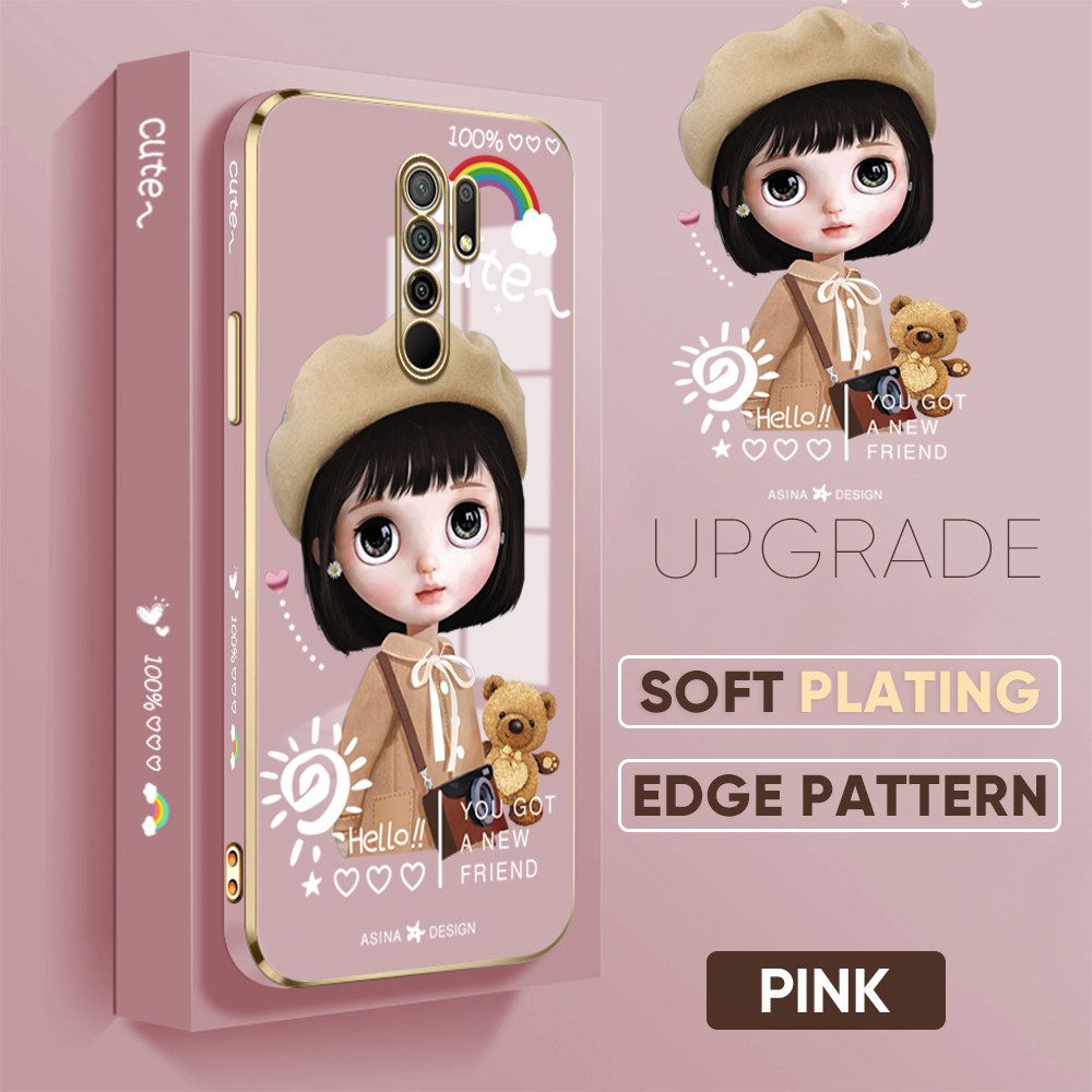 TA for Xiaomi Poco M2 / Redmi 9 Back Cover + Free Lanyard Satchel Girl Luxury 6D Plating Case Side Pattern Soft Silicone Square Phone Cases