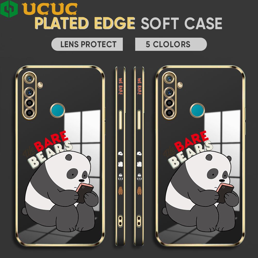 UCUC for Realme 5I Cover Panda Reading Luxury 6D Plating Soft Casing Silicone Square Frame Phone Case Shiny Bling Back Cover + Free Lanyard