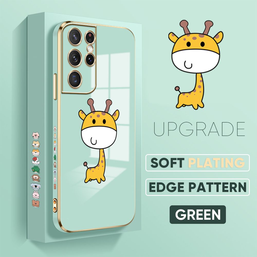 Jizetin (Free Lanyard) Samsung S21 Ultra 5G Cover Big Head Giraffe Luxury 6D Plating Soft Casing Silicone Square Frame Phone Case Shiny Bling Back Cover