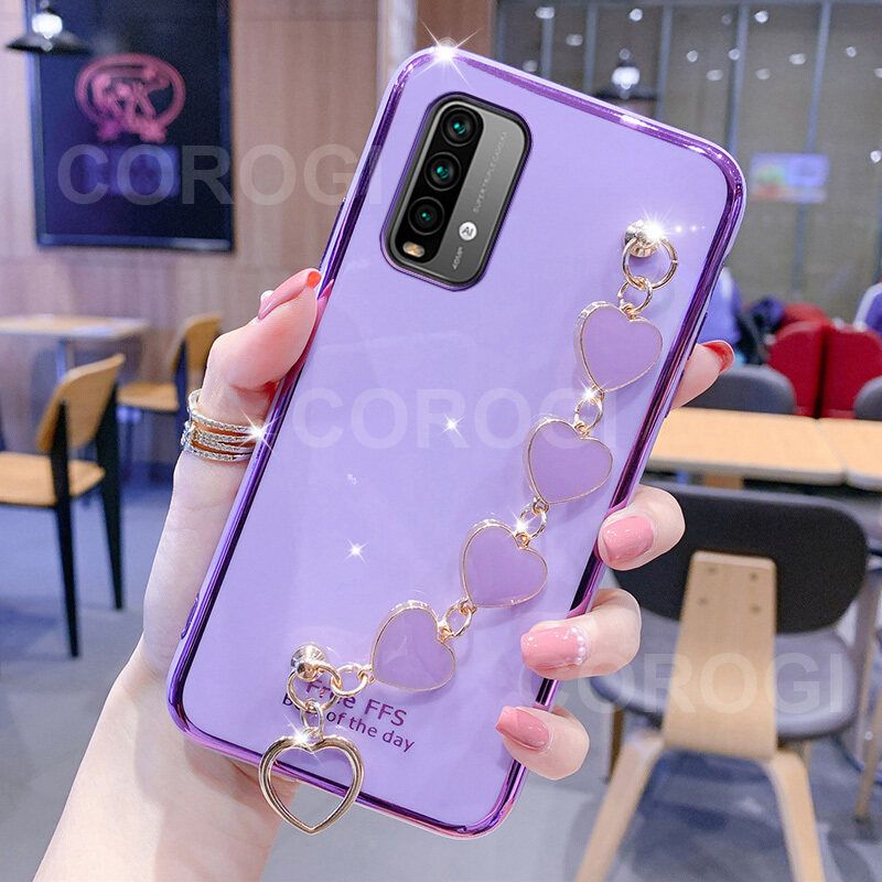 For Xiaomi Redmi 9 Power Cover + Love Heart Bracelet Fashion Shiny Wrist Chain Plating Bumper Slim Phone Case Soft TPU Silicone Shockproof Protective Back Cover