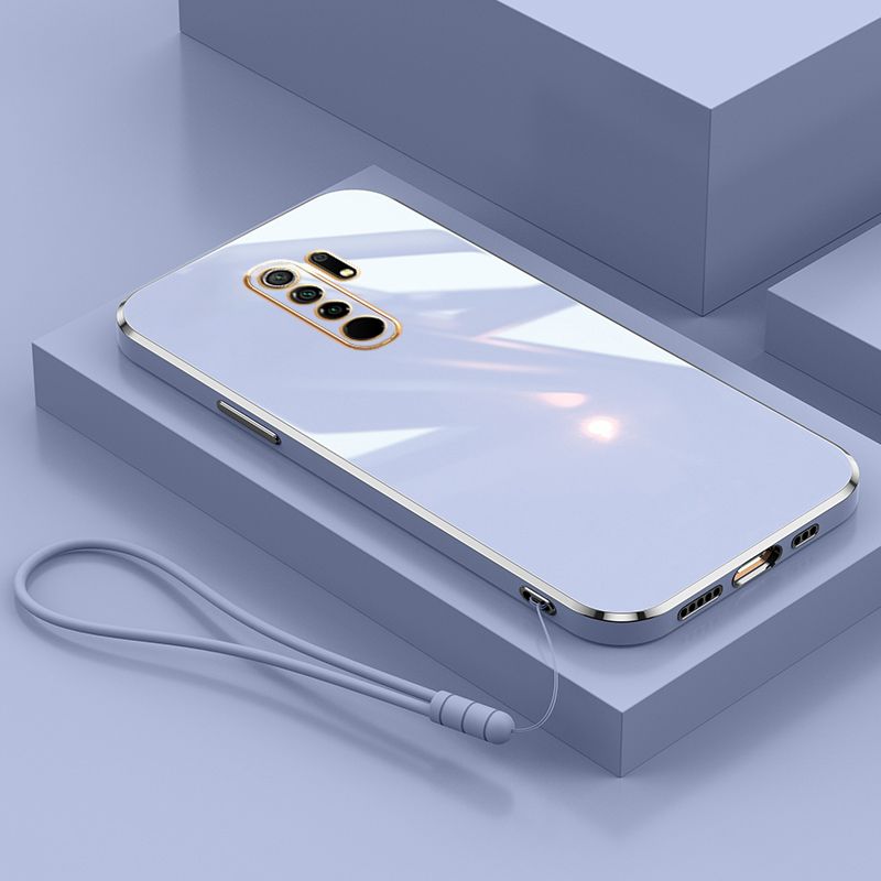 For Xiaomi POCO M2 Cover with Wrist Strap Fashion Shiny Plating Square Bumper Girls Phone Case Soft TPU Silicone Shockproof Protective Back Cover