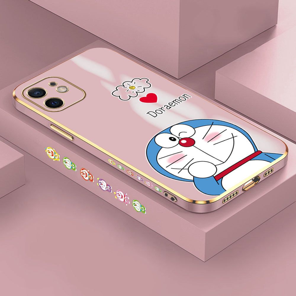 Hontinga for iPhone 12 Mini Back Cover + Free Lanyard Luxury 6D Plating Grinning Cartoon Cat Side Pattern Case Soft Silicone Square Mobile Cover