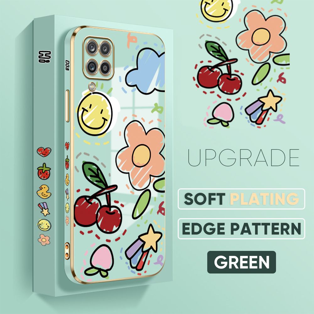 Jizetin (Free Lanyard) Samsung A12 / A12 5G / M12 Cover Fruit Doodle Luxury 6D Plating Soft Casing Silicone Square Frame Phone Case Shiny Bling Back Cover