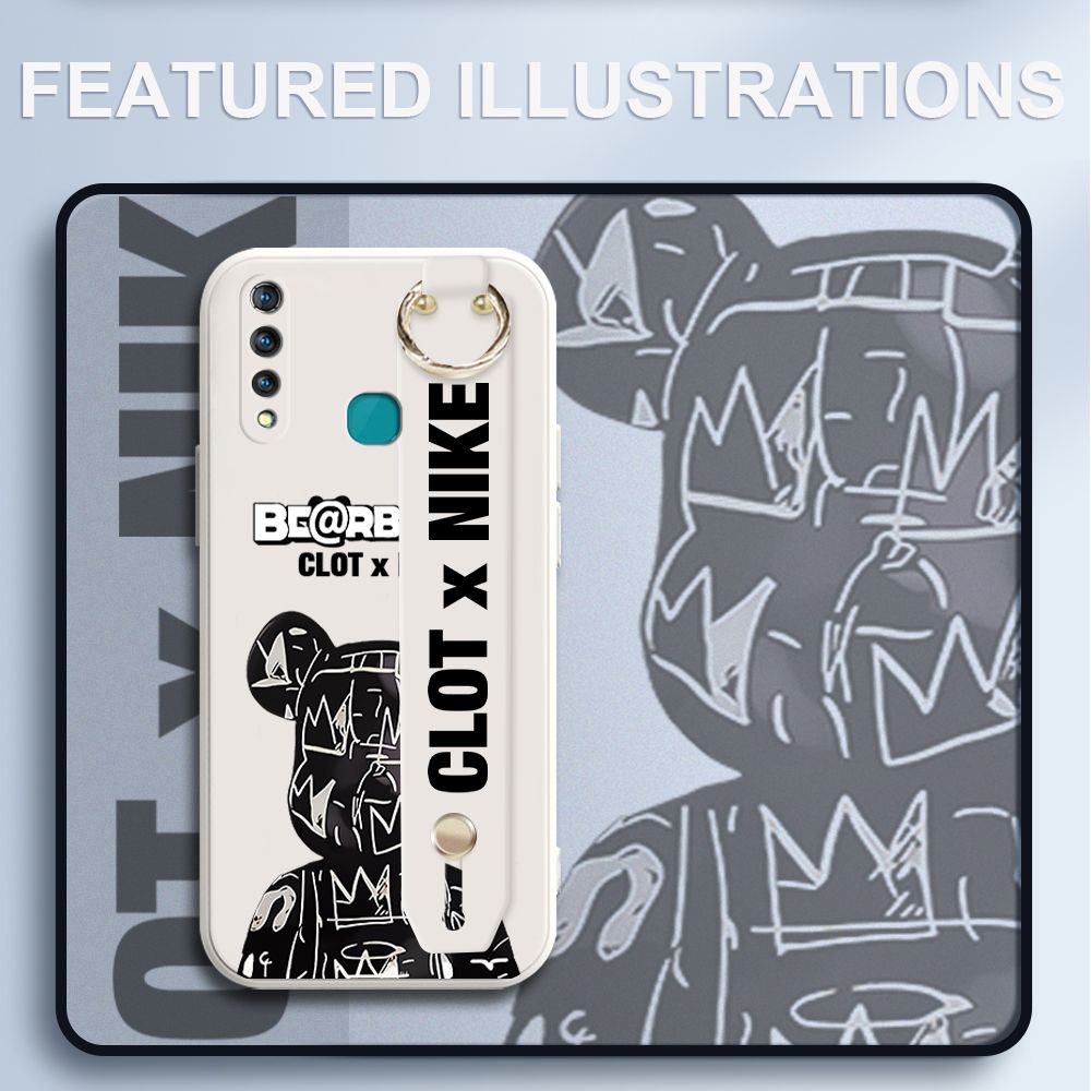 UCUC for Vivo Z1 Pro Wrist Strap Case Creative Cartoon Black Stitching Bear Cover Ultra Thin Anti Fall Liquid Silicone Phone Case