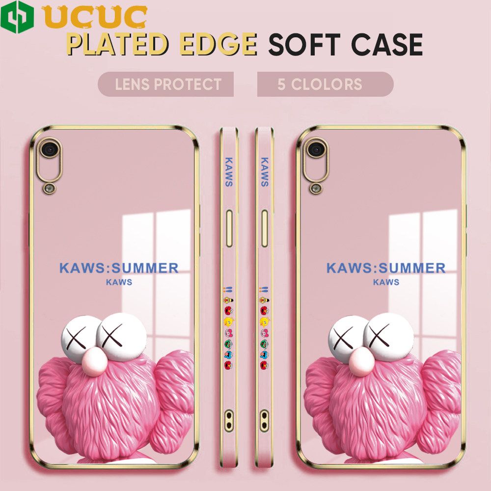 UCUC for Huawei Y6 Pro 2019 Luxury 6D Plating Soft Casing Silicone Square Frame Phone Case Shiny Bling Back Cover + Free Lanyard Cartoon Pink Doll New design Side Drawing Case
