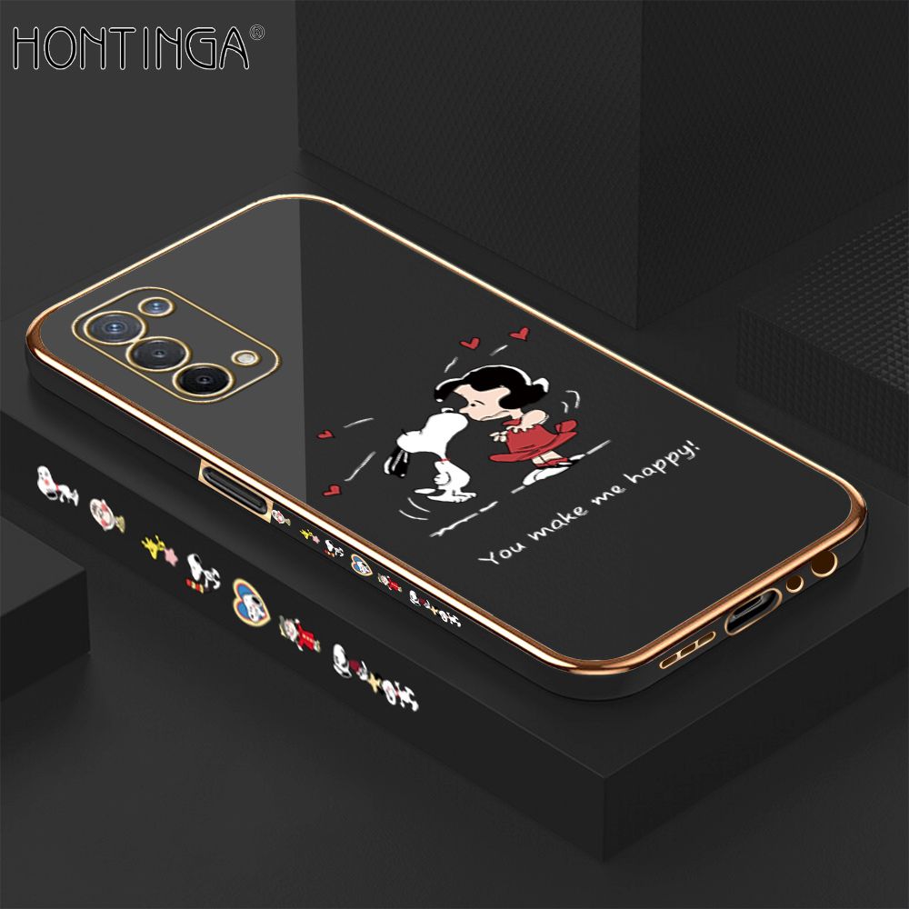 Hontinga for OPPO A74 5G Case Luxury 6D Plating Happy Cartoon Puppy Side Pattern Soft Back Cover Silicone Square Phone Cases