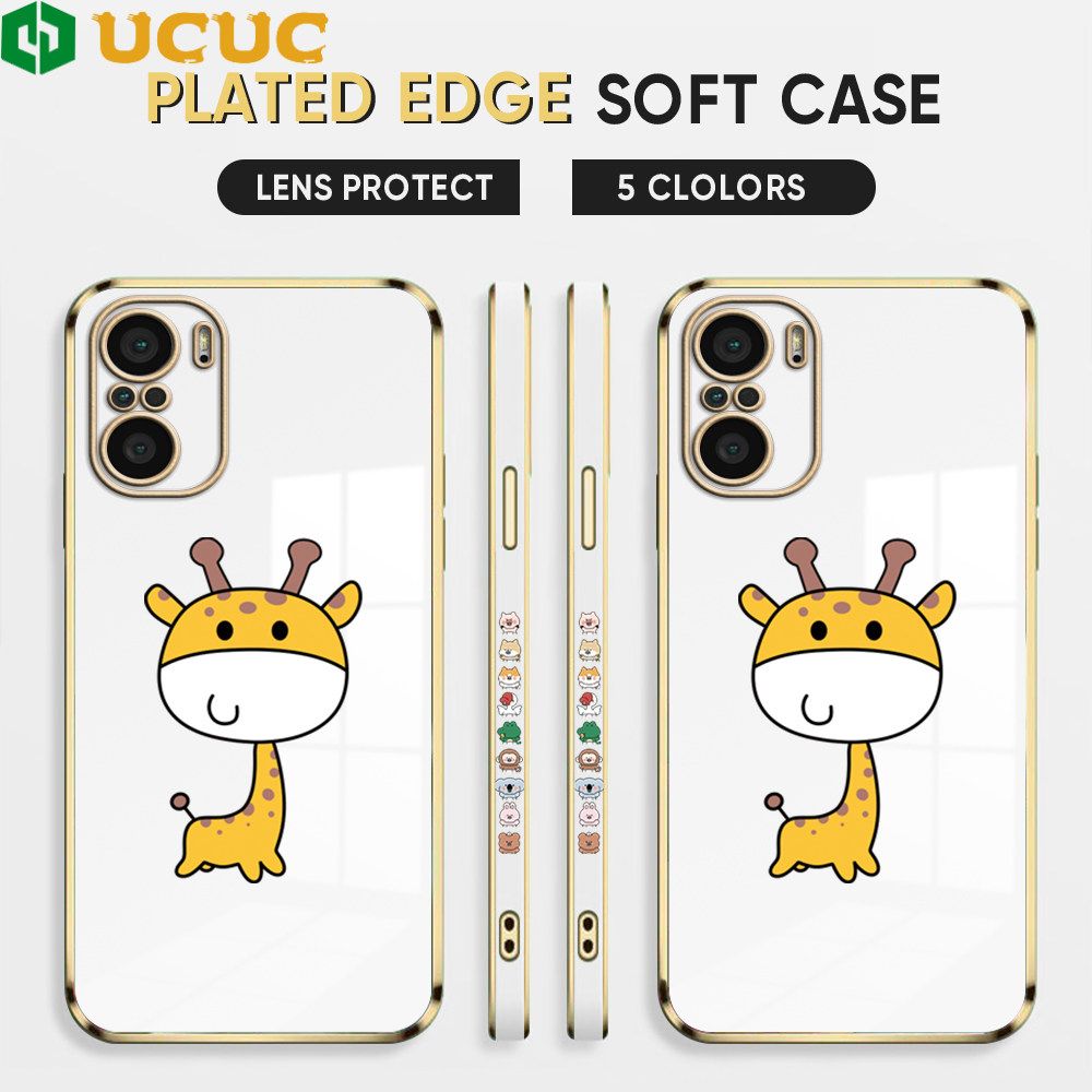 UCUC for Xiaomi Poco F3 / Redmi K40 / Redmi K40 Pro Back Cover + Free Lanyard Big Head Giraffe Luxury 6D Plating Case Side Pattern Soft Silicone Square Phone Cases
