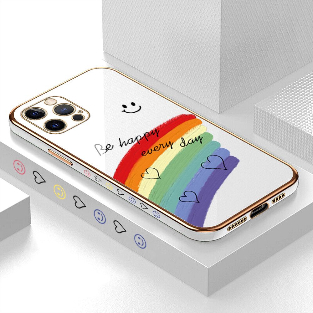 Luxury 6D Plating Case for iPhone 12 Pro Max Smile Rainbow Lover Heart Side Pattern Back Cover Soft Silicone Square Frame Shiny Bling Phone Cases + Free Lanyard
