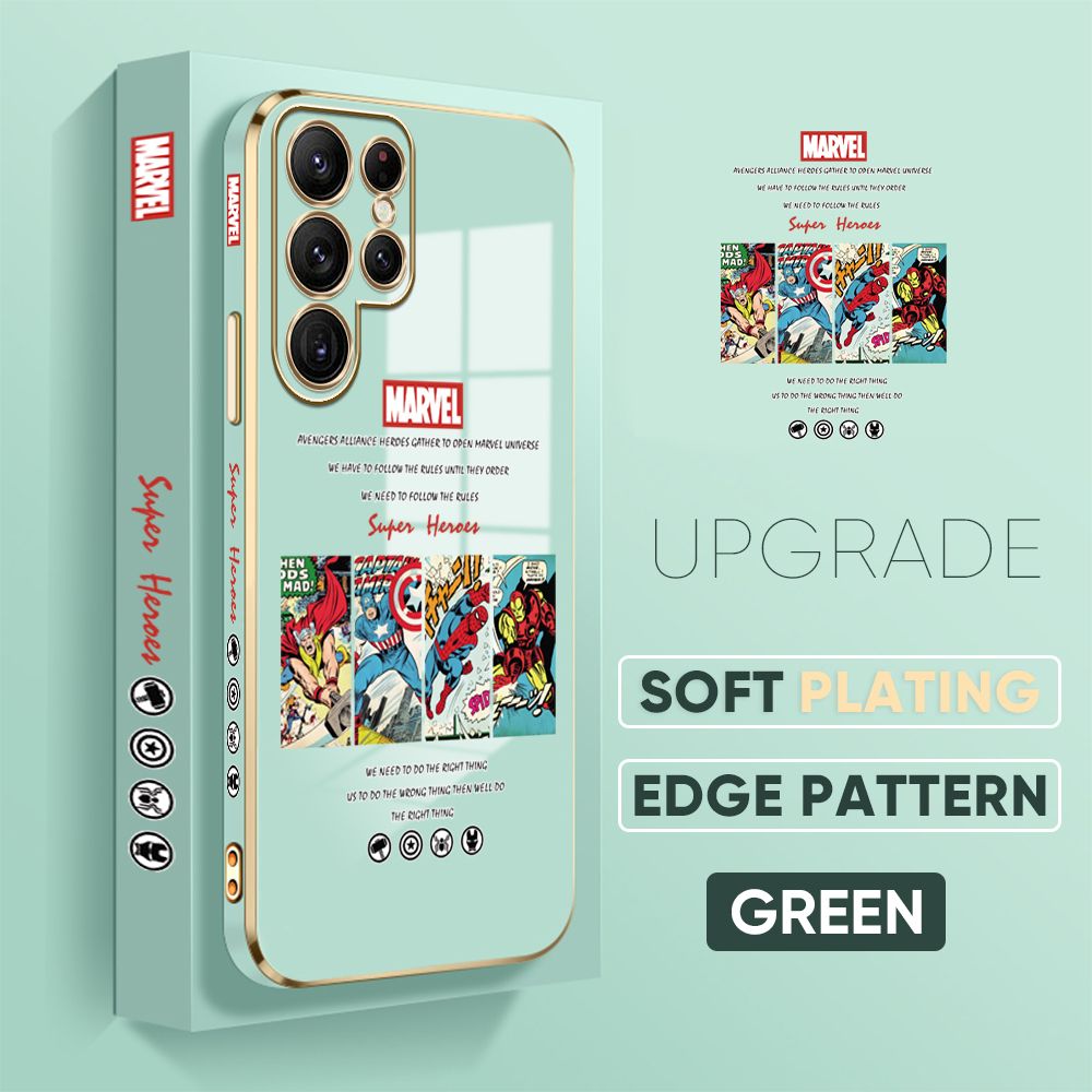 Jizetin (Free Lanyard) Samsung Galaxy S22 Ultra 5G Back Cover Superhero Collection Luxury 6D Plating Case Side Pattern Soft Silicone Square Phone Cases